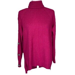 Women's Magenta Turtleneck Sweater Button Sleeve‎ Cozy Preppy Fall Winter Sz Sm